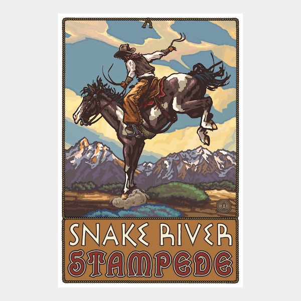 Snake River Stampede Art Print: Bucking Horse Cowboy Poster by Paul A. Lanquist