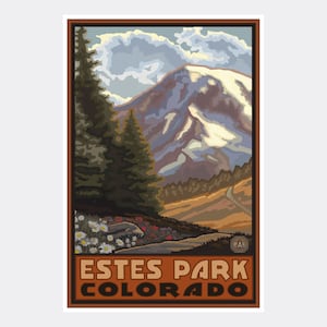 May include: A vintage-style travel poster featuring a scenic view of a snow-capped mountain peak in Estes Park, Colorado. The poster has a brown background with the text "ESTES PARK COLORADO" in a white font.