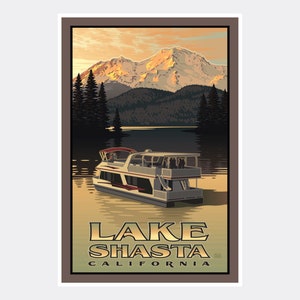 Lake Shasta California Houseboat Giclee Art Print Poster from Travel Artwork by Artist Paul Leighton