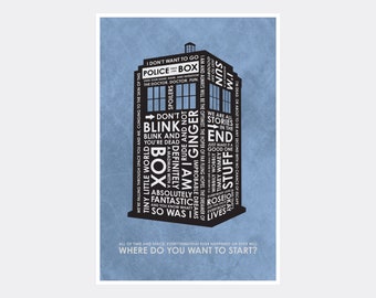 The Doctor Tardis Where do You Want to Start Giclee Art Print Poster from Typography Drawing by Artist Asher Person