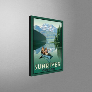 May include: A vintage-style illustration of a lake scene with a mountain in the background. Three people are in a canoe on the lake. The text "SUNRIVER OREGON" is at the bottom of the image.