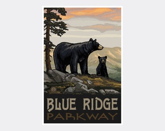 May include: A vintage-style poster featuring a black bear and cub standing on a rocky mountaintop. The sky is a vibrant orange and pink sunset. The text "Blue Ridge Parkway" is printed in brown letters at the bottom.