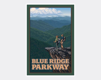 May include: Two people stand on a cliff overlooking a mountain range with a blue sky and white clouds. The text "BLUE RIDGE PARKWAY" is at the bottom of the image.