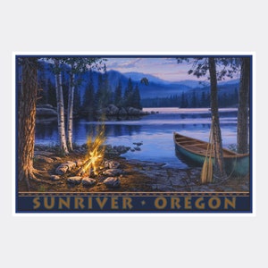 May include: A vintage-style travel poster featuring a scenic lake scene with a canoe, a campfire, and trees. The text "Sunriver, Oregon" is at the bottom of the poster.