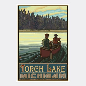 Torch Lake Michigan Lake Canoers Forest Giclee Art Print Poster from Travel Artwork by Artist Paul A. Lanquist