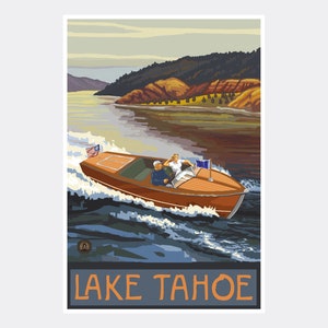 Lake Tahoe California Woodie Boat Lake Giclee Art Print Poster from Travel Artwork by Artist Paul A. Lanquist