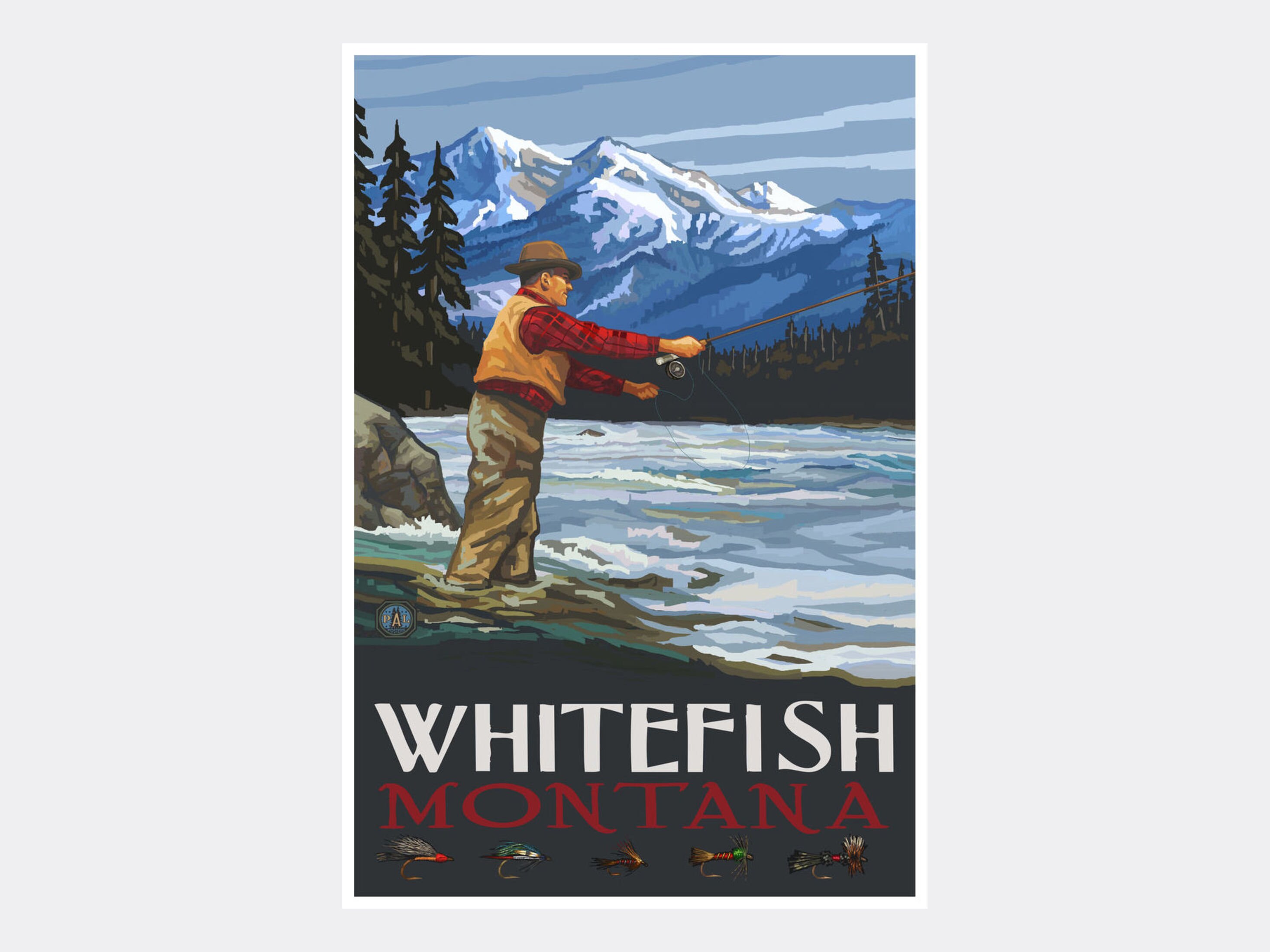 Whitefish Montana Fly Fisherman Stream Mountains Giclee Art Etsy