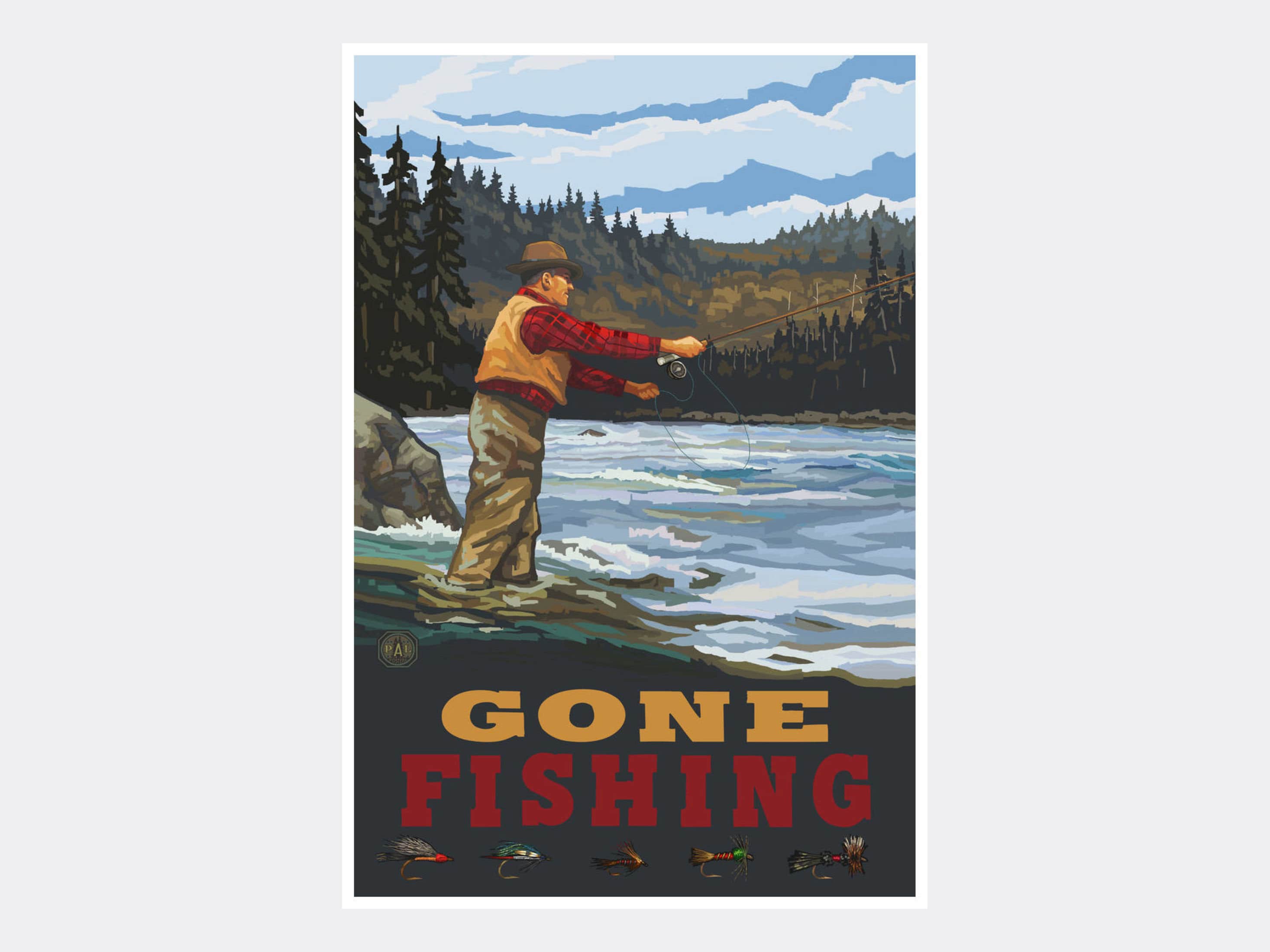 Gone Fishing Fly Fisherman Stream Hills Giclee Art Print Poster