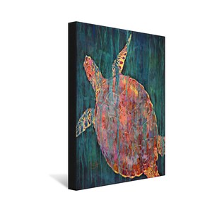 May include: A colorful painting of a sea turtle swimming in a turquoise and teal ocean. The turtle's shell is a vibrant mix of orange, pink, and yellow, with a detailed outline of its shell.