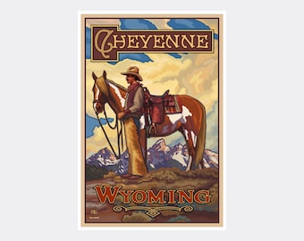 May include: Vintage travel poster featuring a cowboy riding a brown and white horse with a saddle. The poster has a yellow background with blue sky and mountains in the background. The text on the poster reads "Cheyenne, Wyoming".