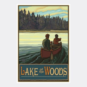 Lake Of The Woods Ontario Canada Lake Canoers Forest Giclee Art Print Poster from Travel Artwork by Artist Paul A. Lanquist