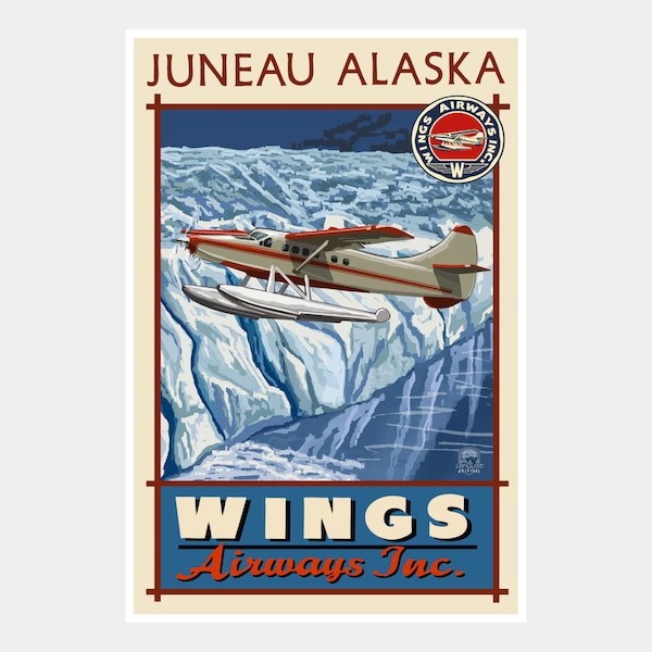 Impresión artística de Juneau, Alaska: póster vintage de viaje de Wings Airways