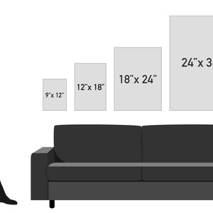 K&ouml;nnte beinhalten: Ein Vergleich von vier verschiedenen Gr&ouml;&szlig;en gerahmter Kunstwerke, mit Ma&szlig;en in Zoll, die an einer Wand &uuml;ber einem Sofa angezeigt werden. Die Gr&ouml;&szlig;en sind 9x12, 12x18, 18x24 und 24x36 Zoll.