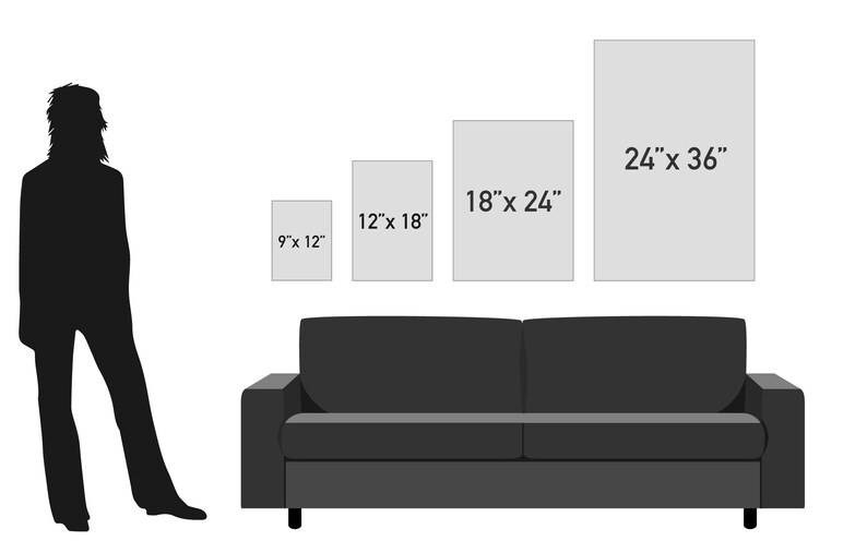 K&ouml;nnte beinhalten: Ein Vergleich von vier verschiedenen Gr&ouml;&szlig;en gerahmter Kunstwerke, mit Ma&szlig;en in Zoll, die an einer Wand &uuml;ber einem Sofa angezeigt werden. Die Gr&ouml;&szlig;en sind 9x12, 12x18, 18x24 und 24x36 Zoll.