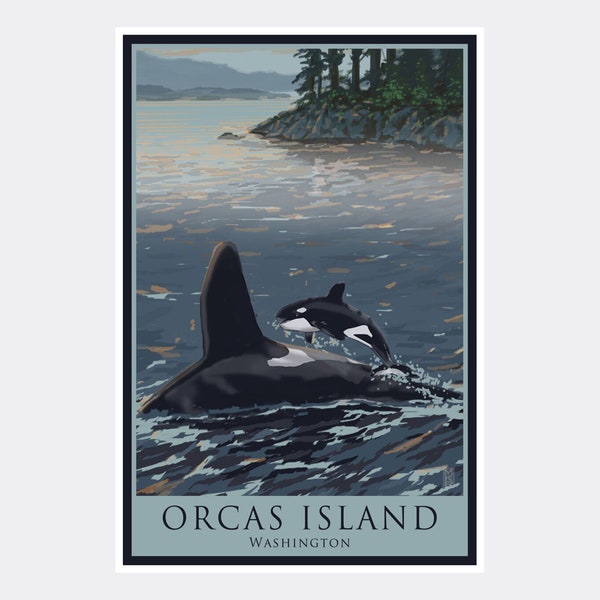 Orcas Island Washington Baby Orca Jumping Forest Giclee Art Print Poster de l'illustration de l'artiste Mike Rangner