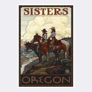 Sisters Oregon Two Horse Riders Giclee Art Print Poster from Travel Artwork by Artist Paul A. Lanquist
