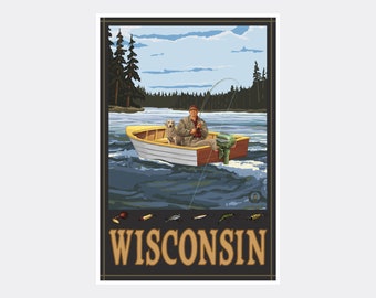 Wisconsin Fisherman In Boat Forest Giclee Art Print Poster from Travel Artwork by Artist Paul A. Lanquist