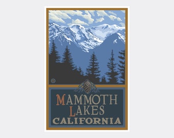 May include: A vintage travel poster featuring a snowy mountain range with a blue sky and white clouds. The mountains are surrounded by dark green pine trees. The text "MAMMOTH LAKES CALIFORNIA" is printed in a brown, red, and white font on a blue background.