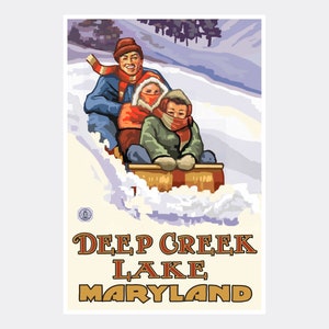 Deep Creek Lake Maryland Family Sledding Downhill Giclee Art Print Poster from Travel Artwork by Artist Paul A. Lanquist