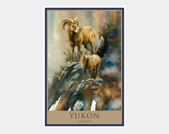 May include: A watercolor painting of two bighorn sheep standing on a rocky cliff. The sheep are brown and have large horns. The background is a colorful watercolor wash of blues, greens, and oranges. The painting is titled "Yukon, Canada".