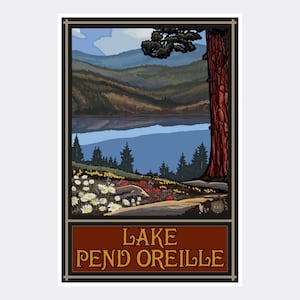 May include: A vintage travel poster featuring a scenic view of Lake Pend Oreille in Idaho. The poster depicts a lake surrounded by mountains and trees, with a large pine tree in the foreground. The text "LAKE PEND OREILLE" is displayed in a brown banner at the bottom of the poster.
