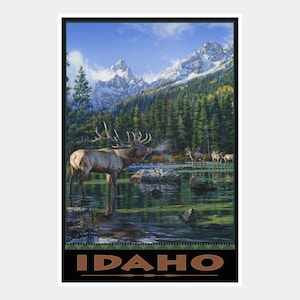 Idaho Elk Challenge Giclee Art Print Poster de acuarela por el artista al aire libre y de vida silvestre Darrell Bush