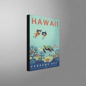 May include: A vintage-style travel poster for Hanauma Bay in Oahu, Hawaii. The poster features a blue background with a cartoon illustration of two people snorkeling and a sea turtle swimming in a coral reef. The text "Oahu Hawaii" is at the top of the poster and "Hanauma Bay" is at the bottom.