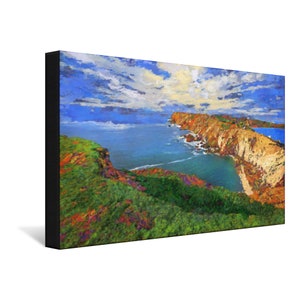 May include: A painting of a rocky coastline with a deep blue ocean and a bright blue sky with white clouds. The coastline is covered in green grass and trees. The ocean is calm and the sky is clear.