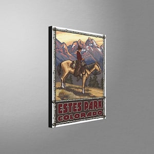 May include: A vintage-style illustration of a cowboy riding a horse in front of a mountain range. The text "ESTES PARK COLORADO" is at the bottom of the image.
