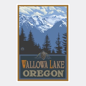 Wallowa Lake Oregon Snowy Mountain Ridges Giclee Art Print Poster from Travel Artwork by Artist Paul A. Lanquist