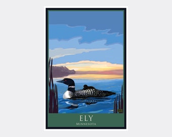 May include: A vintage-style poster featuring a loon swimming on a lake with a sunset in the background. The poster has a dark green border and the text "ELY MINNESOTA" at the bottom. The loon is black and white with a red eye.