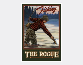 Fishing The Rogue River Oregon Evening Fly Fisherman Giclee Art Print Poster from Travel Artwork by Artist Paul A. Lanquist