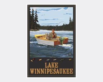 Lake Winnipesaukee Fisherman In Boat Forest Giclee Art Print Poster from Travel Artwork by Artist Paul A. Lanquist