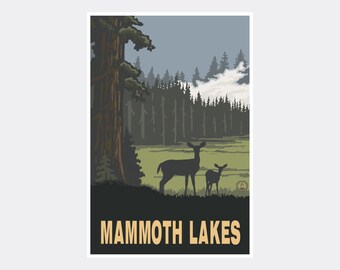 May include: A vintage travel poster with a silhouette of a doe and fawn in a forest setting. The poster has a blue, green, and brown color scheme and the text "MAMMOTH LAKES" in a yellow font.