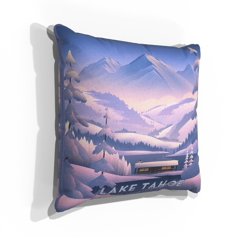 Lake Tahoe California Frozen Cabin Canvas, Pillow, Blanket by Illustrator Brian Edward Miller Canvas Pillow Canvas 18"x18"