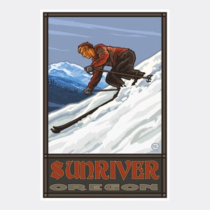 May include: A vintage-style travel poster featuring a skier in a red sweater and black pants skiing down a snowy mountain slope. The poster has a blue sky with white clouds and a mountain range in the background. The text "Sunriver Oregon" is at the bottom of the poster.