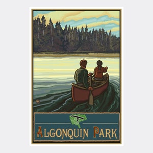 Algonquin Park Ontario Canada Lake Canoers Forest Giclee Art Print Poster from Travel Artwork by Artist Paul A. Lanquist