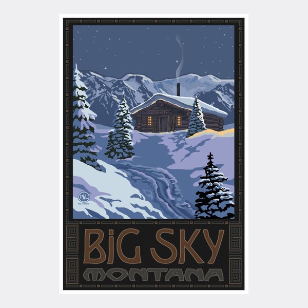 Big Sky Montana Winter Mountain Cabin Giclee Art Print Poster from Travel Artwork by Artist Paul A. Lanquist