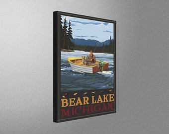 Bear Lake Michigan Fisherman In Boat Canvas, Pillow, Blanket from Travel Artwork by Artist Paul A. Lanquist
