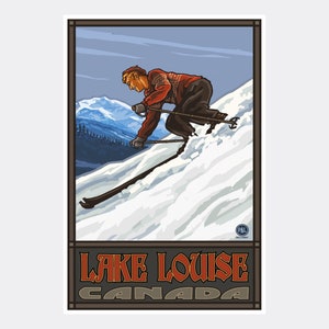 Lake Louise Canada Downhill Skier Man Giclee Art Print Poster from Travel Artwork by Artist Paul A. Lanquist