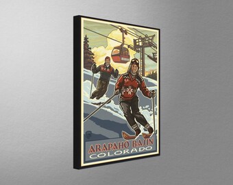 Arte de esquí de Arapaho Basin: Lienzo, almohada y manta de pareja de esquiadores alpinos de Colorado