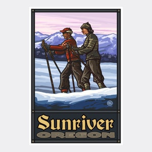 May include: A vintage-style travel poster featuring two people cross-country skiing in a snowy mountain landscape. The poster is titled "Sunriver Oregon".