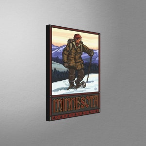 May include: A vintage-style illustration of a person wearing a red hat and plaid jacket snowshoeing in a snowy forest with mountains in the background. The text "Minnesota" is at the bottom of the image.