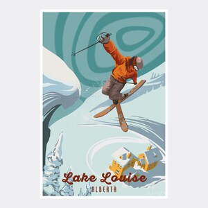 Lake Louise Alberta Freestyle Aerial Skier Giclee Art Print Poster from Illustration by Illustrator Sassan Filsoof
