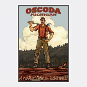 Oscoda Michigan Lumberjack Hills Giclee Art Print Poster from Travel Artwork by Artist Paul A. Lanquist