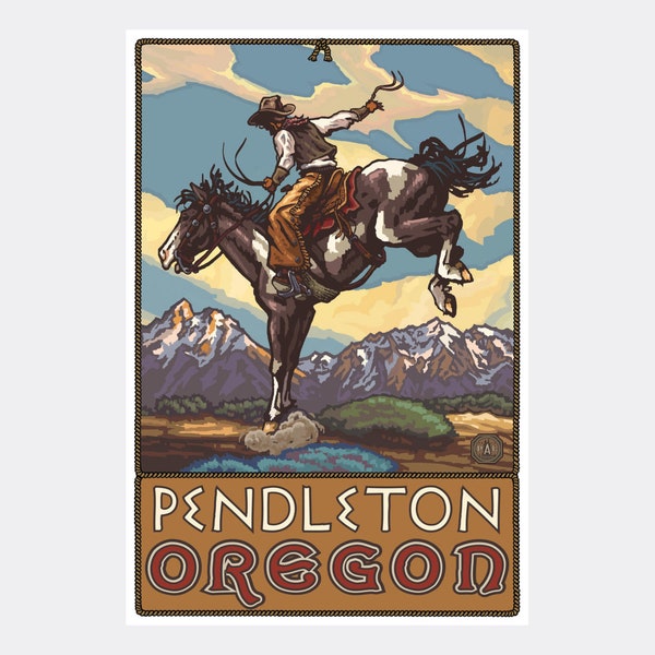 Pendleton Oregon Bucking Horse Cowboy Giclee Art Print Poster from Travel Artwork by Artist Paul A. Lanquist