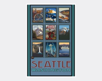 Puede incluir: Un cartel de viaje de estilo vintage para Seattle, Washington. El cartel presenta nueve imágenes diferentes de lugares emblemáticos de Seattle, como la Space Needle, el mercado de Pike Place y el Puget Sound. El cartel está en un esquema de colores azul, verde y marrón.