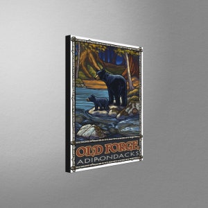 May include: A vintage-style illustration of a black bear and cub standing in a stream in a forest. The text "OLD FORGE ADIRONDACKS" is at the bottom of the image.