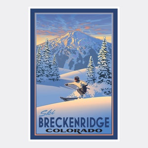 May include: A vintage-style poster advertising skiing in Breckenridge, Colorado. The poster features a skier in a white jacket and blue pants, skiing down a snowy slope with a mountain in the background. The sky is blue and orange, and there are trees on either side of the slope. The text "Ski Breckenridge Colorado" is printed in black at the bottom of the poster.