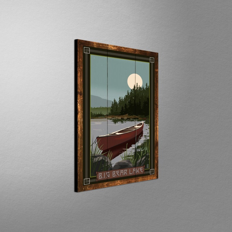 Big Bear Lake California Canoe In Moonlight Giclee Art Print Poster from Original Artwork by Artist Mike Rangner